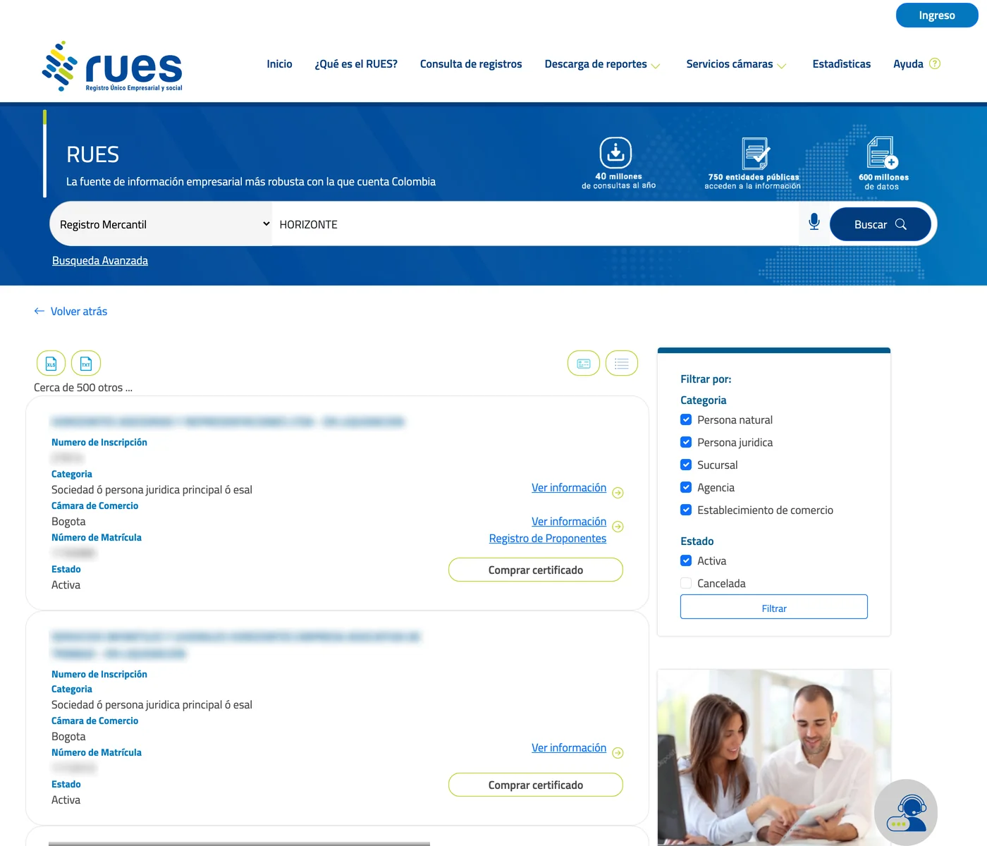 Pantalla del RUES con la consulta de nombre.