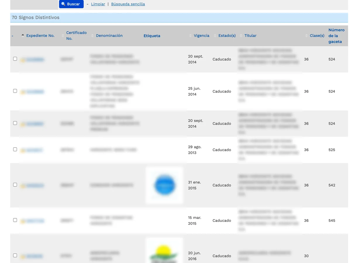 Pantalla del buscador de antecedentes marcarios de la SIC con varios resultados.